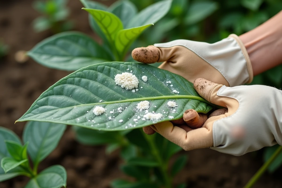 Jardinière examinant une feuille de plante atteinte d'oïdium avec des taches blanches poudreuses dans un jardin extérieur
