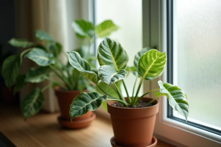 Feuilles de plante d'intérieur présentant une décoloration blanche et jaune due à la chlorose sur un rebord de fenêtre en bois
