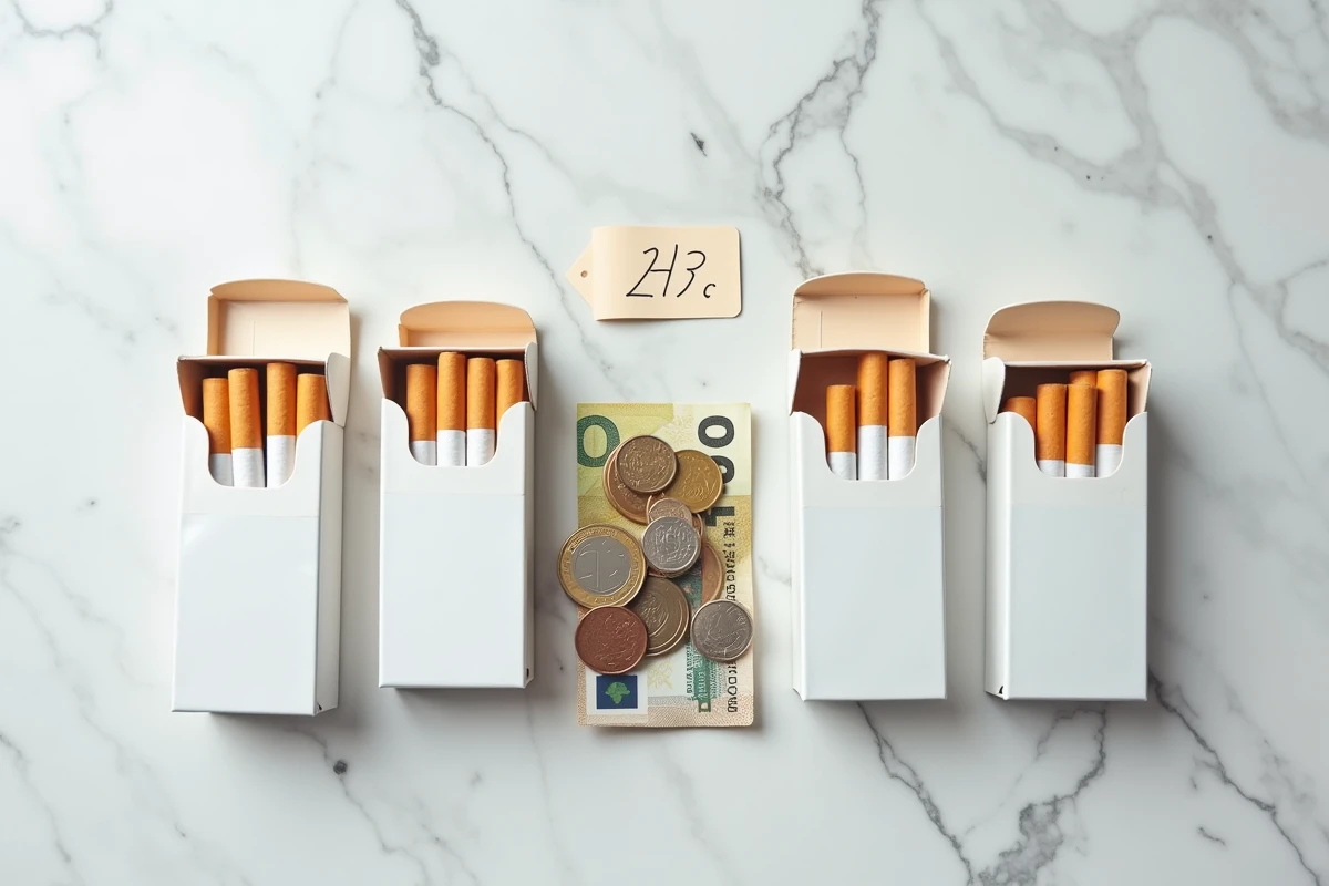 Vue en plongée de paquets de cigarettes entourés de billets et pièces en euros sur marbre blanc, symbolisant l'évolution du prix des cigarettes en Belgique pour 2026