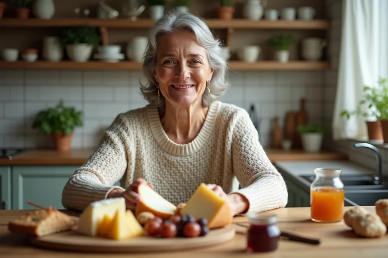 Femme souriante arrangeant fromages dans une cuisine chaleureuse