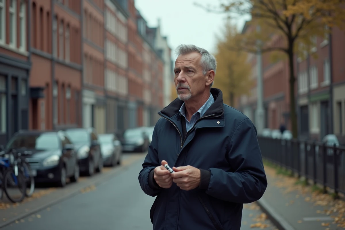 Homme d'une quarantaine d'années tenant un paquet de cigarettes dans une rue de Bruxelles en automne, reflétant l'impact économique de l'augmentation du prix du tabac