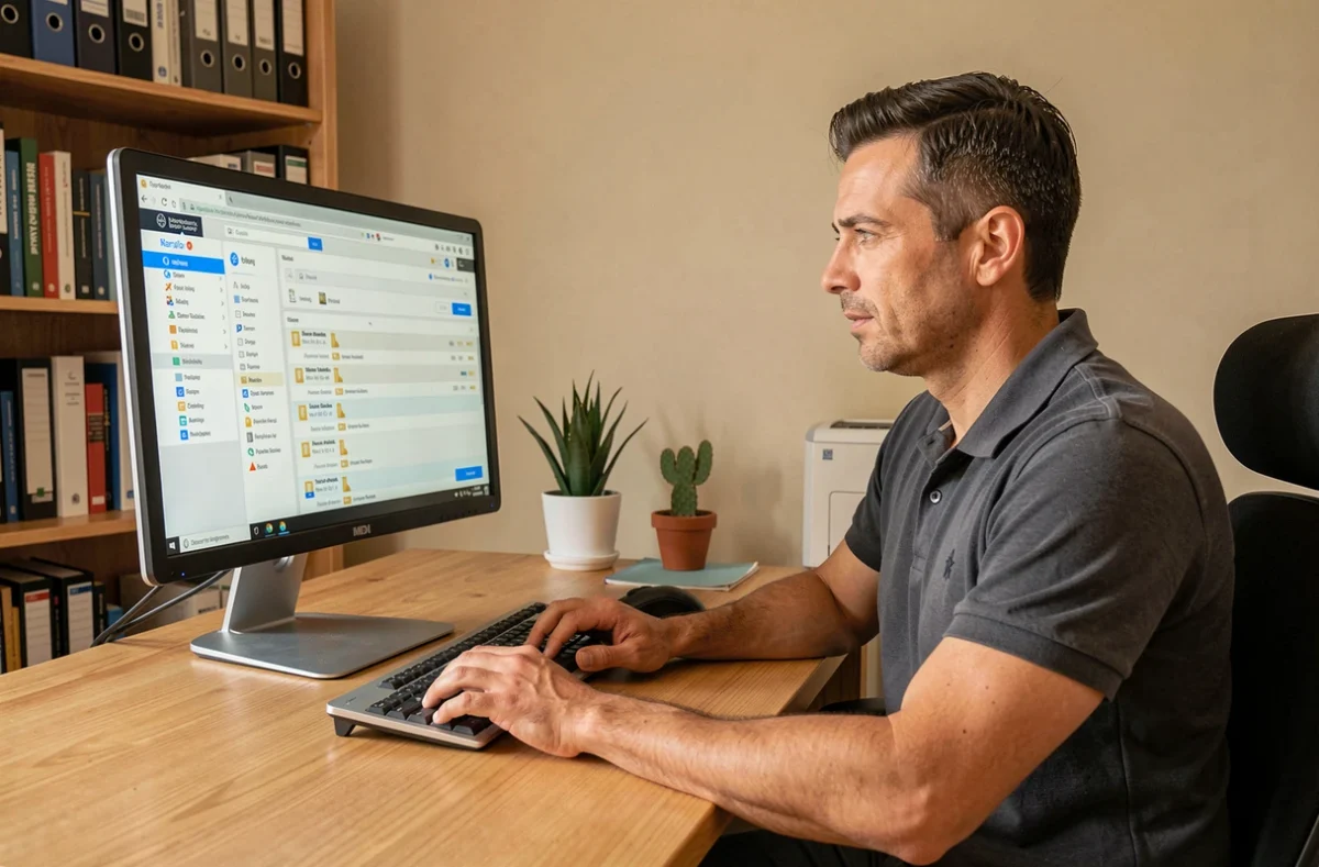 Homme gérant sa messagerie institutionnelle Zimbra depuis un bureau à domicile avec un ordinateur de bureau