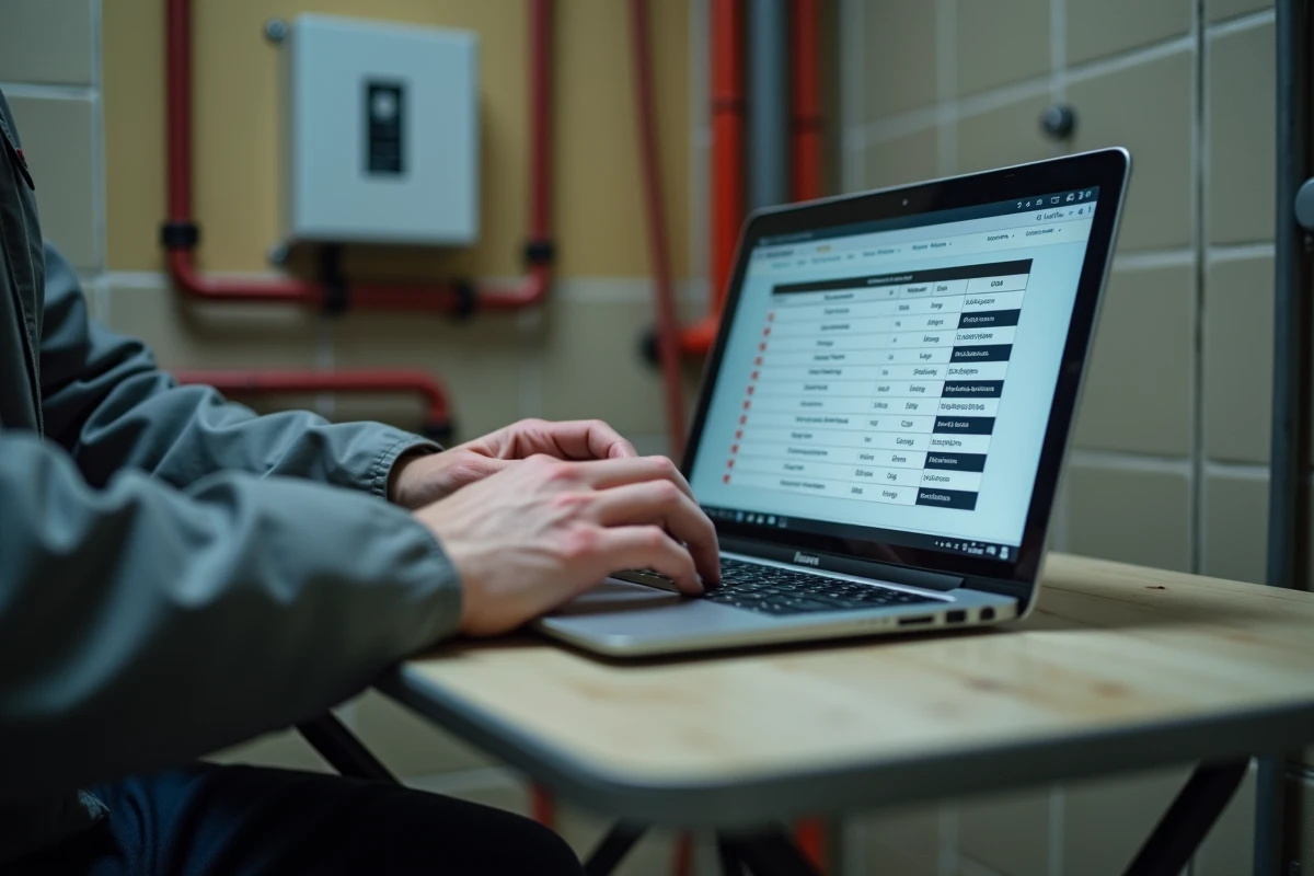 Gros plan sur les mains d'un diagnostiqueur immobilier utilisant un logiciel de diagnostic sur ordinateur portable dans une chaufferie