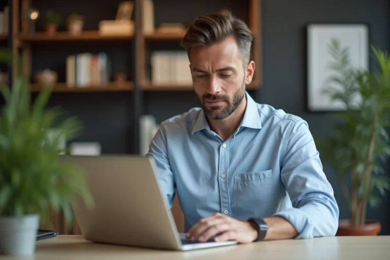Homme d'âge moyen travaillant sur un ordinateur portable dans un bureau moderne