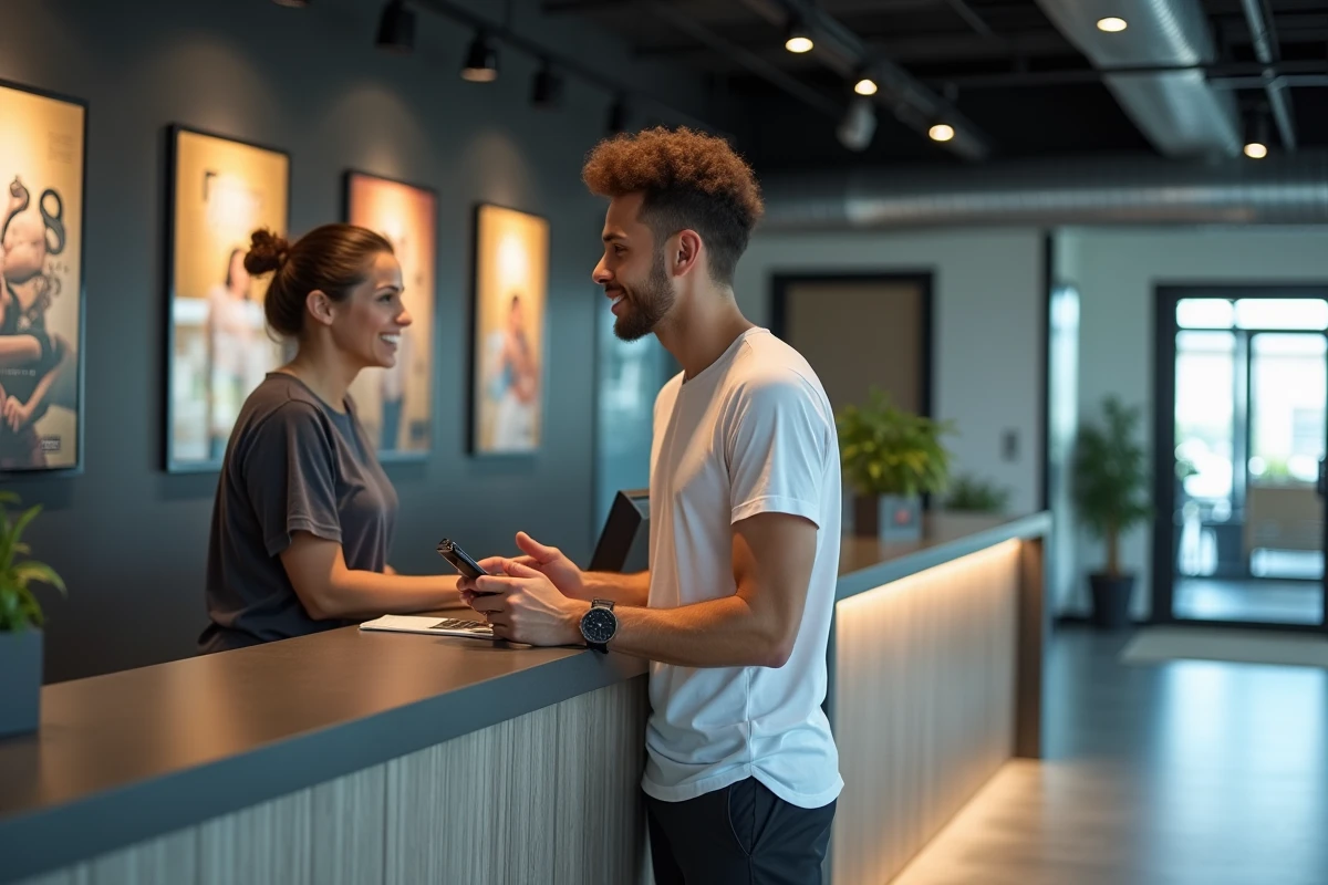 Jeune homme discutant avec la reception du gym