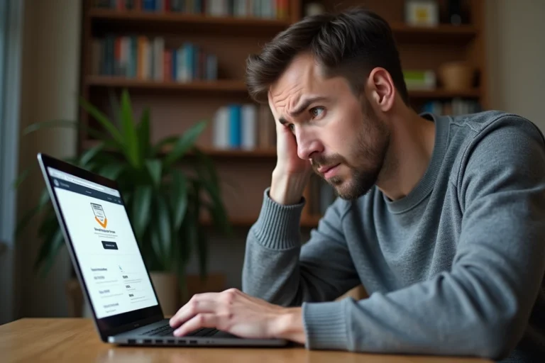 Homme frustré devant un ordinateur affichant un indice de confiance bas sur un annuaire en ligne comme Dirvox