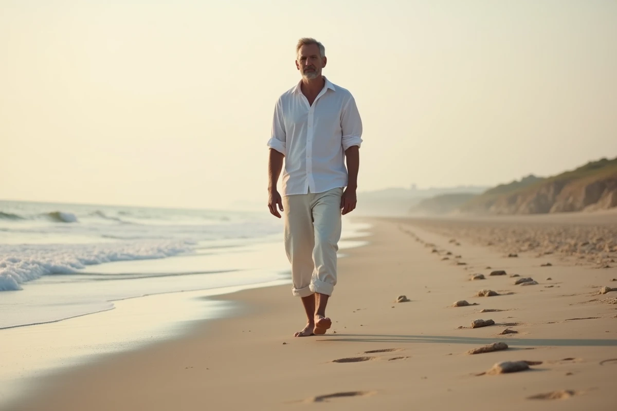 Homme marchant pieds nus sur une plage calme au crépuscule, exprimant une sérénité contemplative face à l'horizon