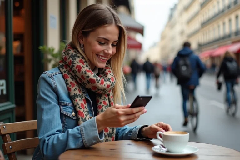 Jeune femme souriante avec smartphone à un café parisien