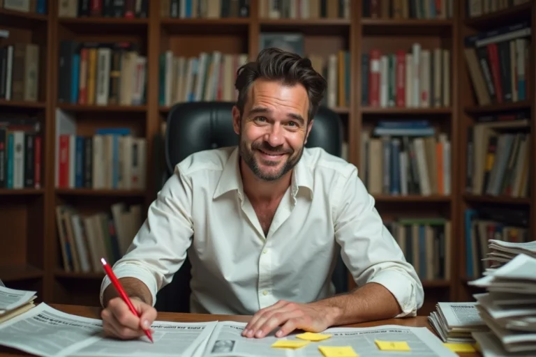 Journaliste satirique assis à son bureau encombré de journaux, stylo rouge en main avec un sourire ironique, ambiance éditoriale réaliste