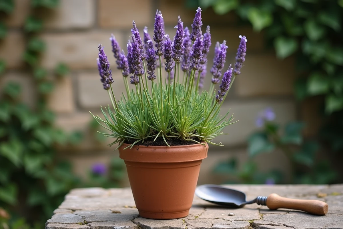 Gros plan sur un plant de lavande affaissé dans un pot en terre cuite avec tiges ligneuses et feuilles jaunissantes