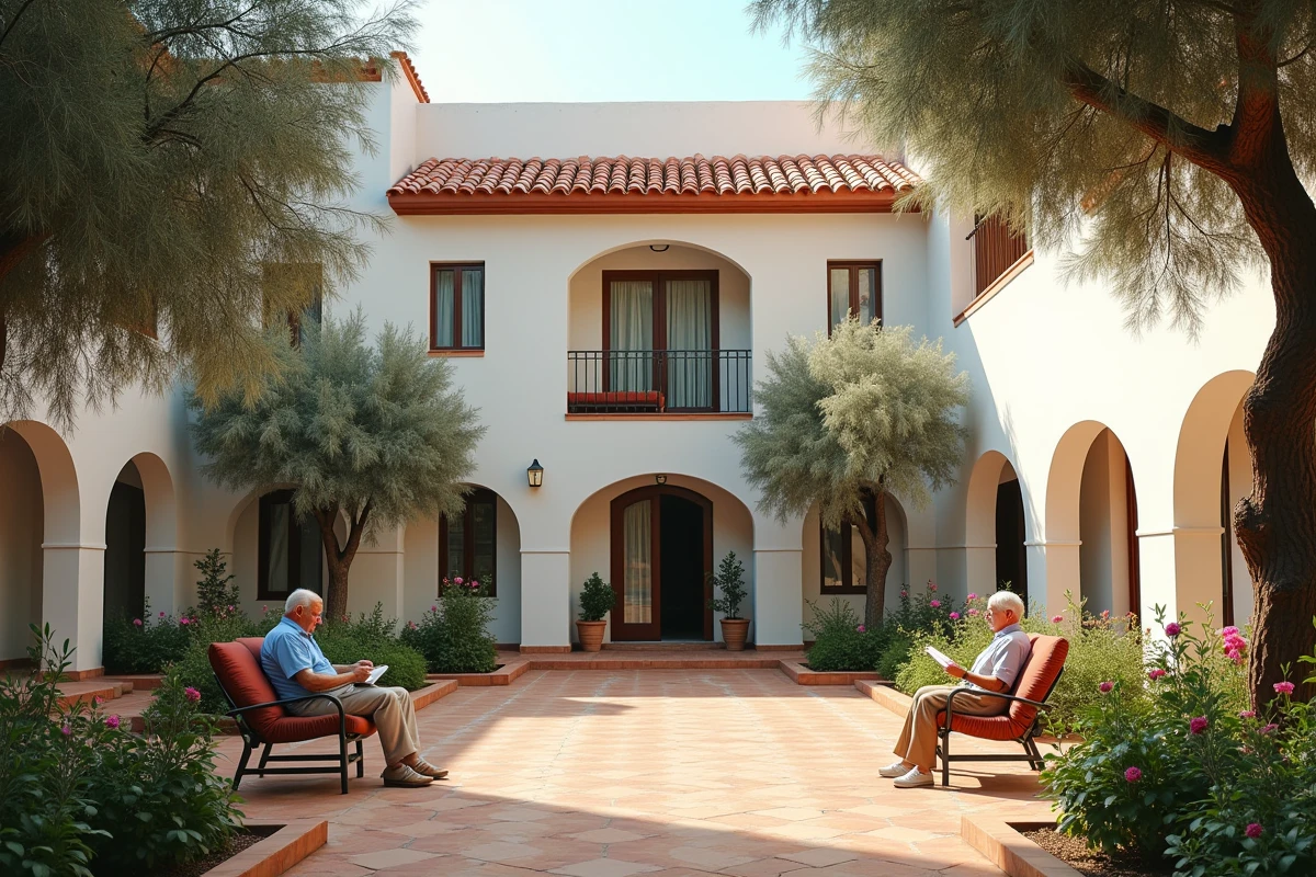 Façade extérieure d'une maison de retraite moderne à Marrakech avec jardin et résidents assis à l'ombre