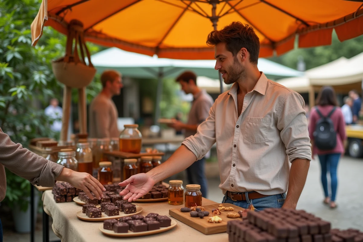 Jeune homme présentant chocolats et miel au marché en plein air