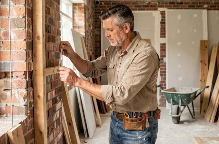 Ouvrier mesurant un mur en bois dans une maison en cours de rénovation