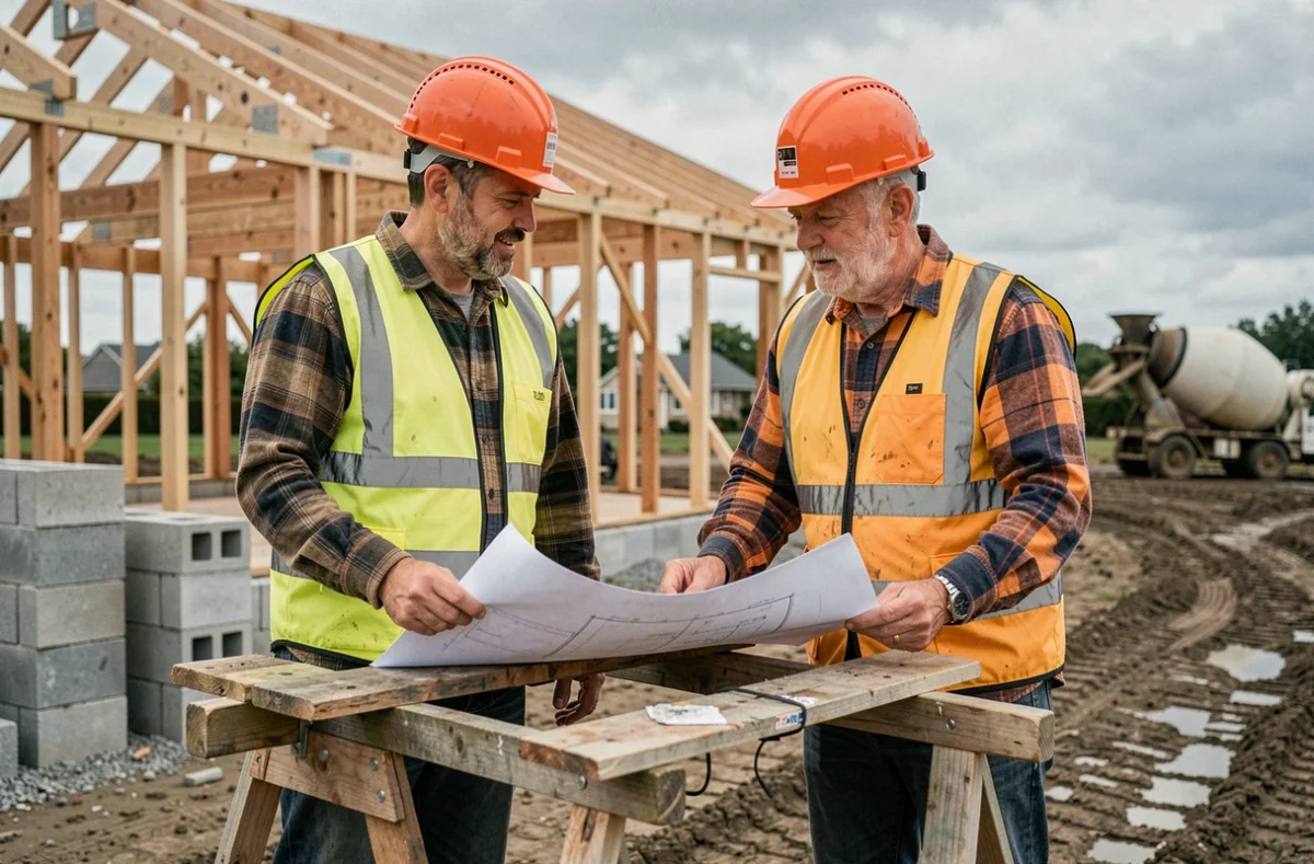 Deux ouvriers étudiant des plans de construction sur un chantier de maison