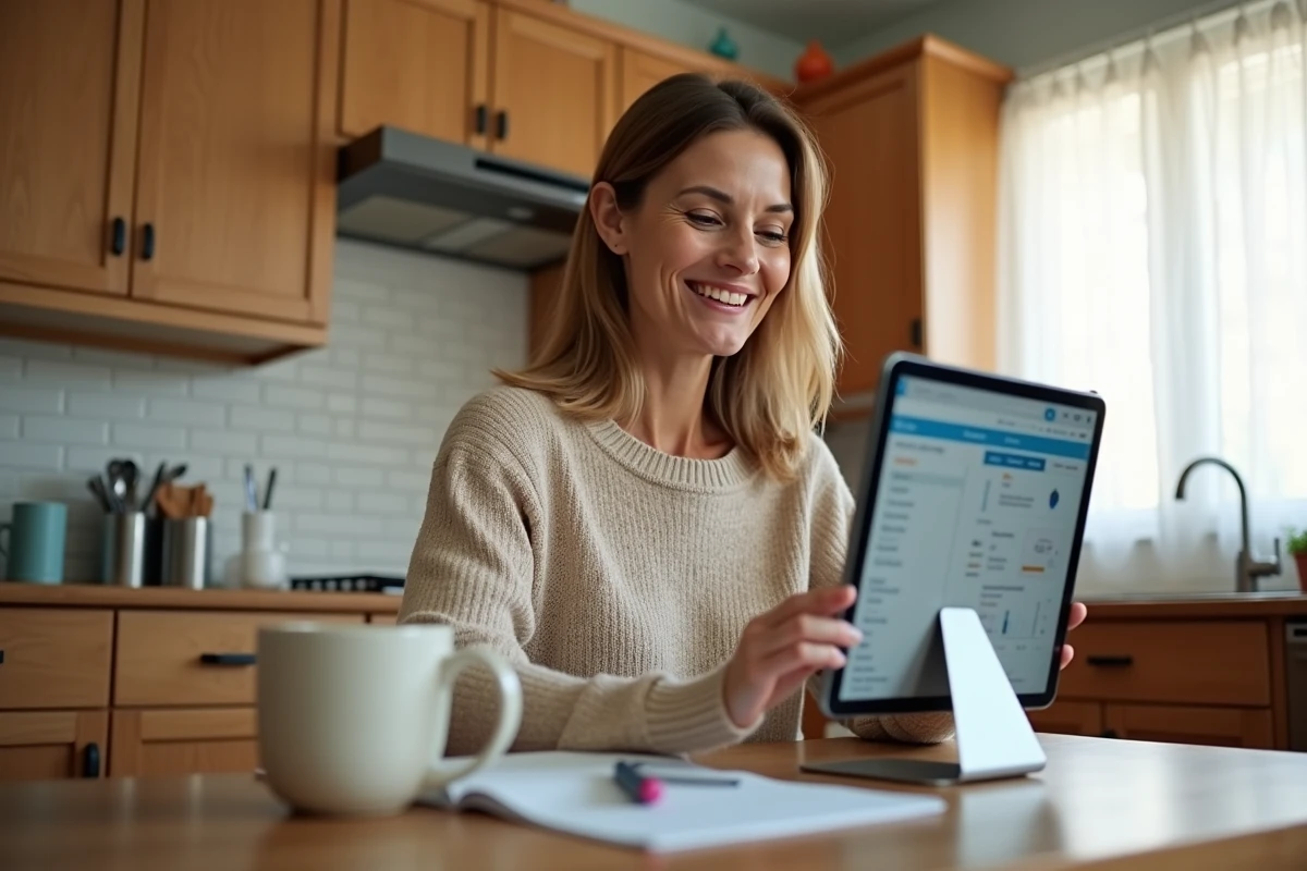 Parent consultant l'espace numérique de travail Oze 92 sur une tablette depuis la cuisine familiale