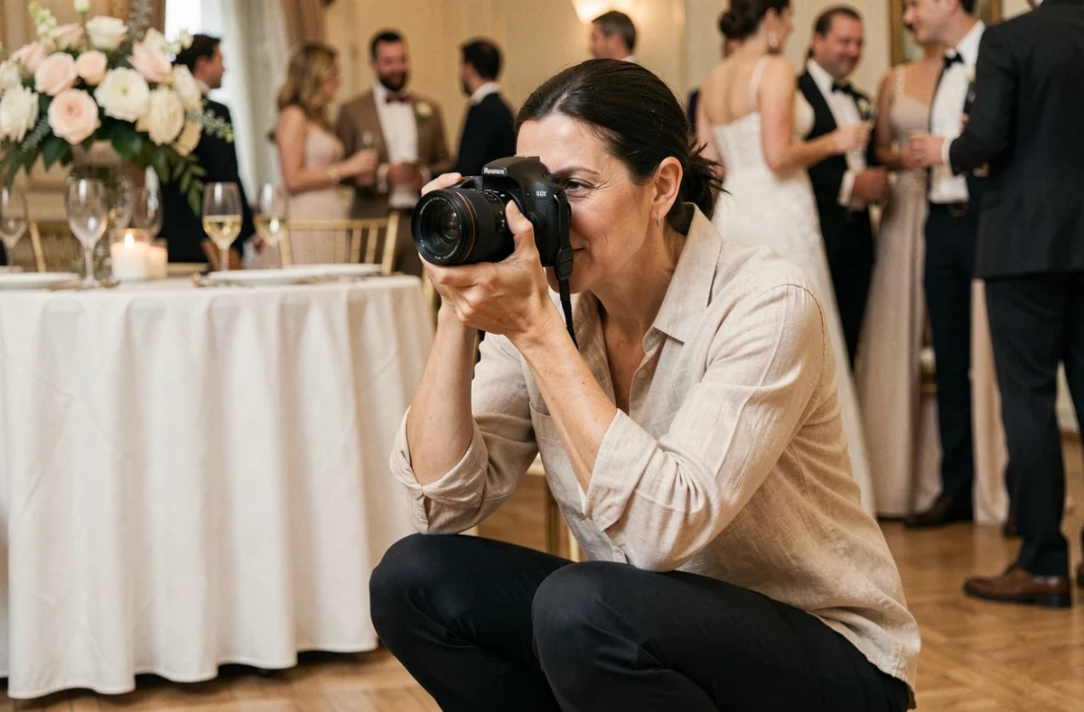 Photographe professionnelle en action lors d'une réception de mariage dans une salle élégante