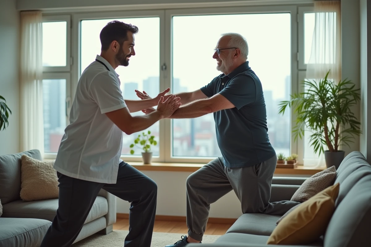 Physiothérapeute aidant un senior à faire un étirement dans un salon