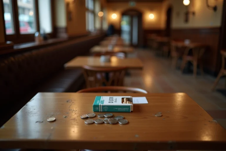 Paquet de cigarettes posé sur un comptoir de café belge avec des pièces en euros, illustrant la hausse des prix du tabac en Belgique en 2026