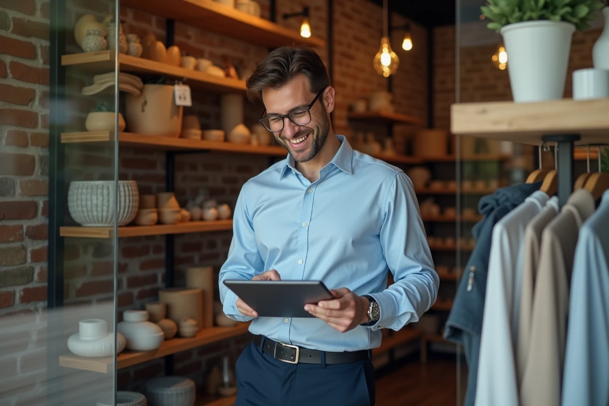 Proprietaire de petite entreprise utilisant une tablette dans sa boutique
