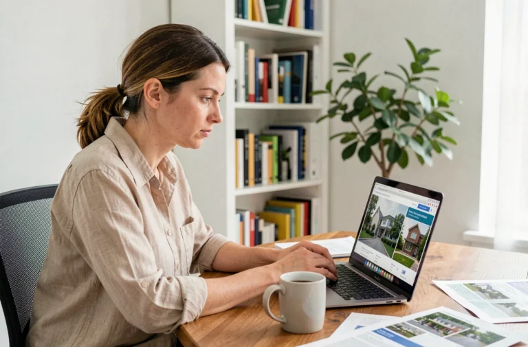 Femme consultant un site immobilier sur son ordinateur portable dans un bureau à domicile moderne
