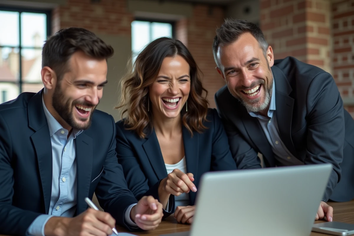 Groupe de journalistes riant devant un écran d'ordinateur dans une salle de rédaction moderne, ambiance humoristique et collaborative