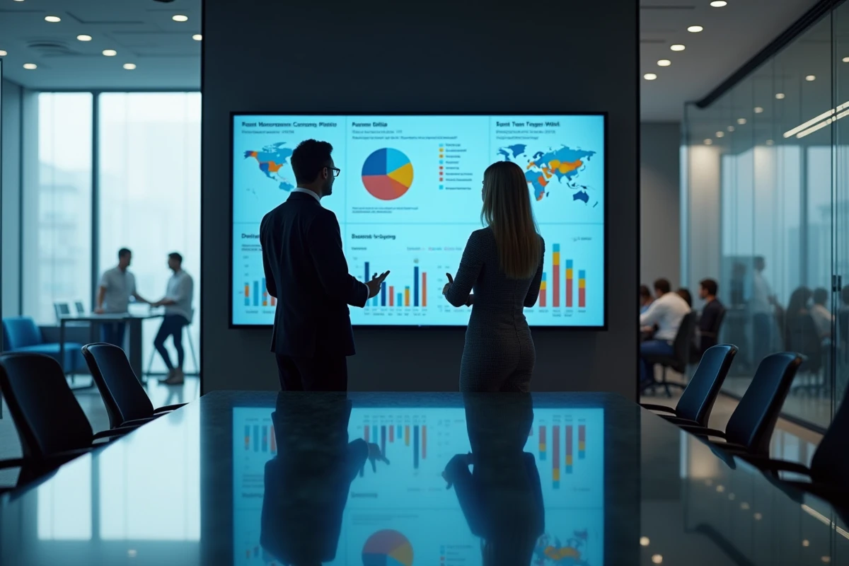Deux professionnels de la finance présentant une stratégie de diversification patrimoniale sur écran interactif en salle de réunion