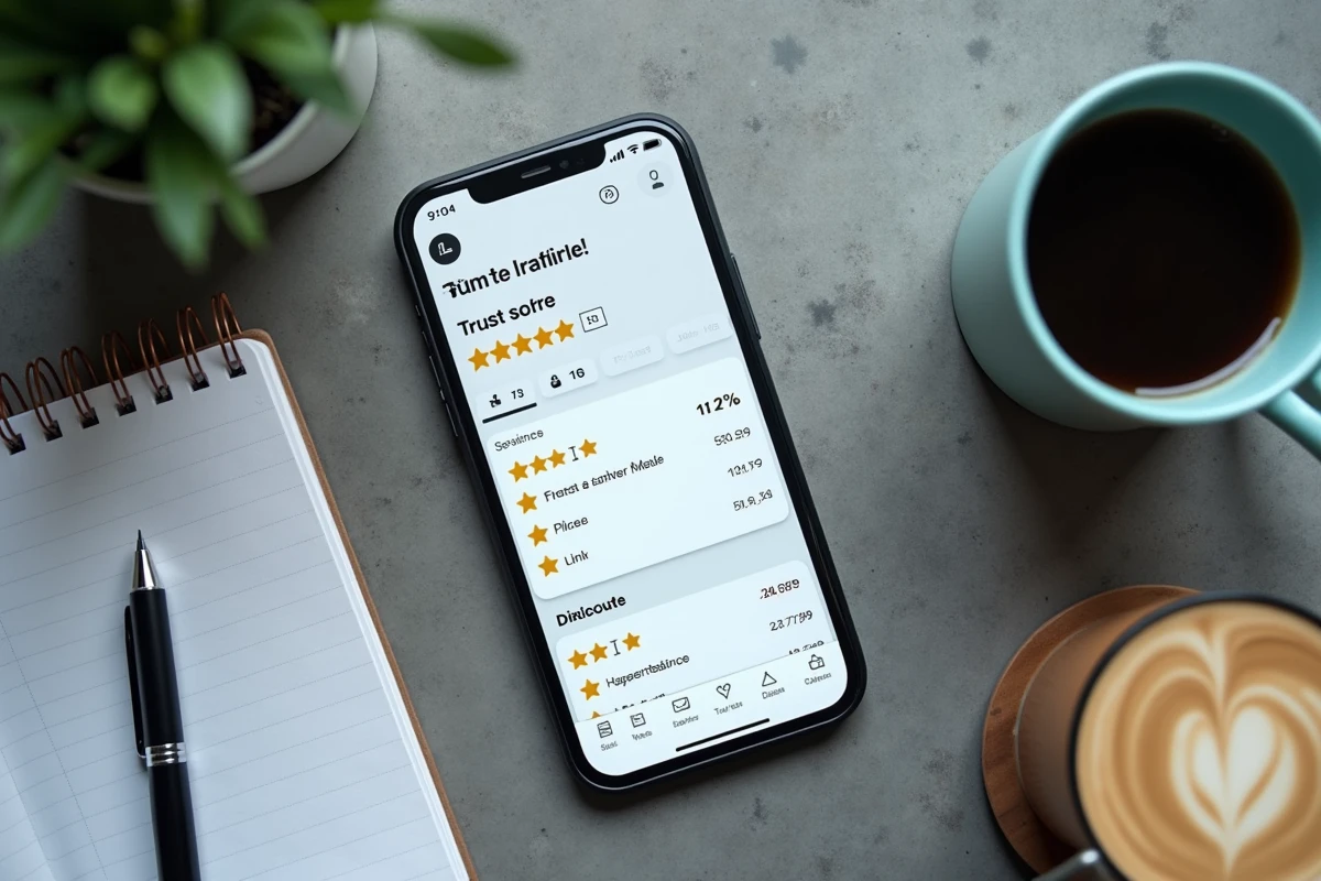 Gros plan d'un smartphone affichant un score de confiance faible sur une application d'annuaire professionnel type Dirvox