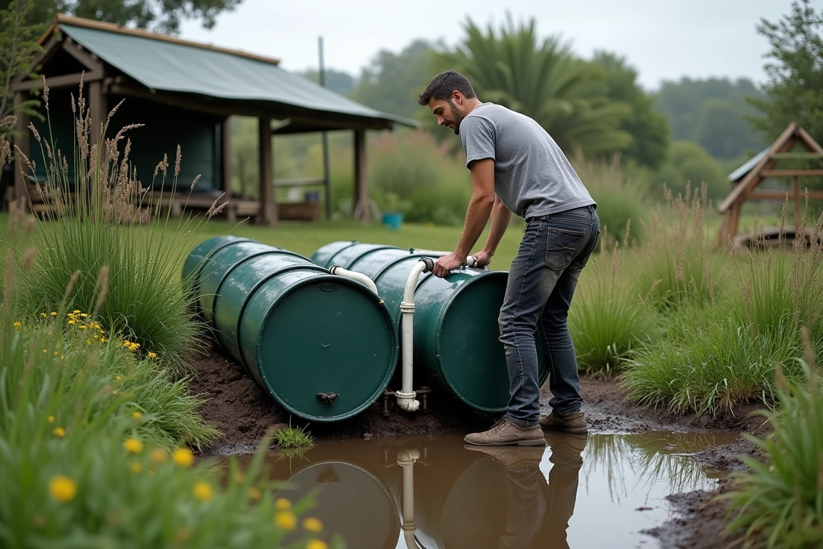 Homme installant un système de tonneaux interconnectés pour récupérer l'eau de pluie dans un jardin sans toit avec structure en bois et bâche