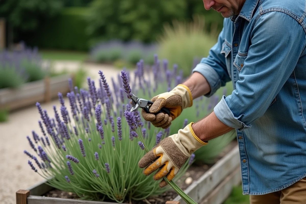 Jardinier taillant une lavande affaissée avec un sécateur dans un jardin de campagne française