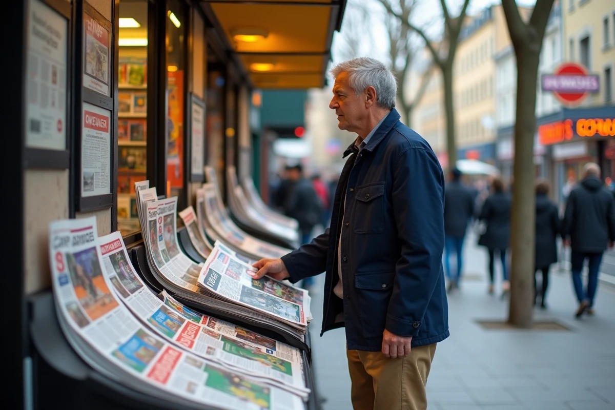 Vendeur de journaux avec magazines à un kiosque parisien