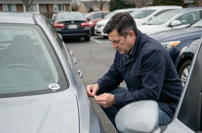 Homme vérifiant l'autocollant RSV sur la vitre arrière d'une voiture dans un parking